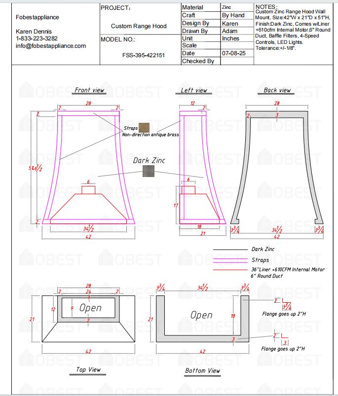 Fobest Custom Range Hood - Custom Link for Margaret