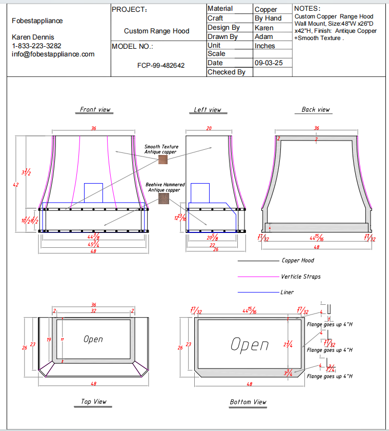 Fobest Custom Kitchen Range Hood - Custom Link for Adam