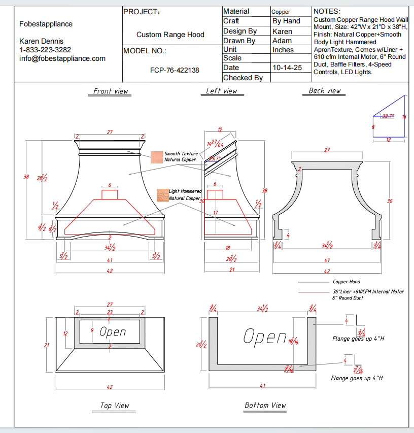 Fobest Custom Metal Range Hood - Custom Link for Lauren Shepherd