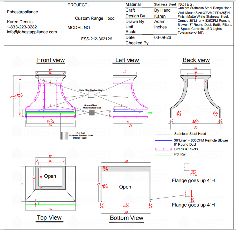 Fobest Custom Range Hood-Custom Link for Doyle