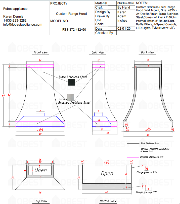 FOBEST Custom Range Hood- FSS-372 Custom Link for Maria