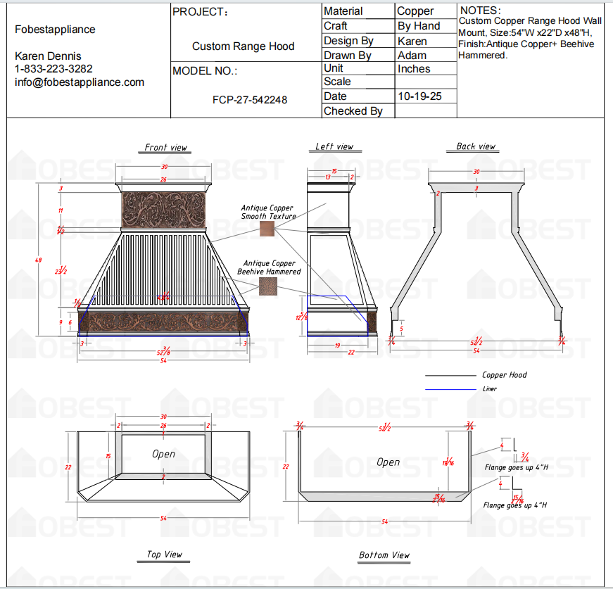 Fobest Custom Metal Range Hood FCP-27 - Custom Link for Johary