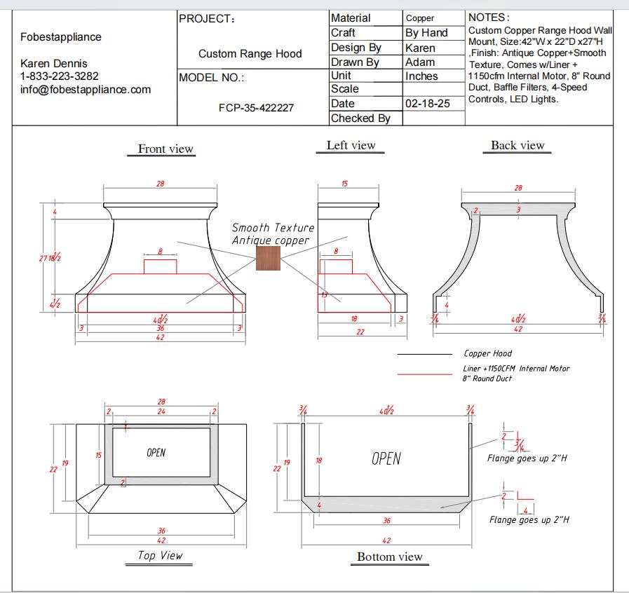 Fobest Custom Copperr Range Hood - Custom Link for Audra Fine