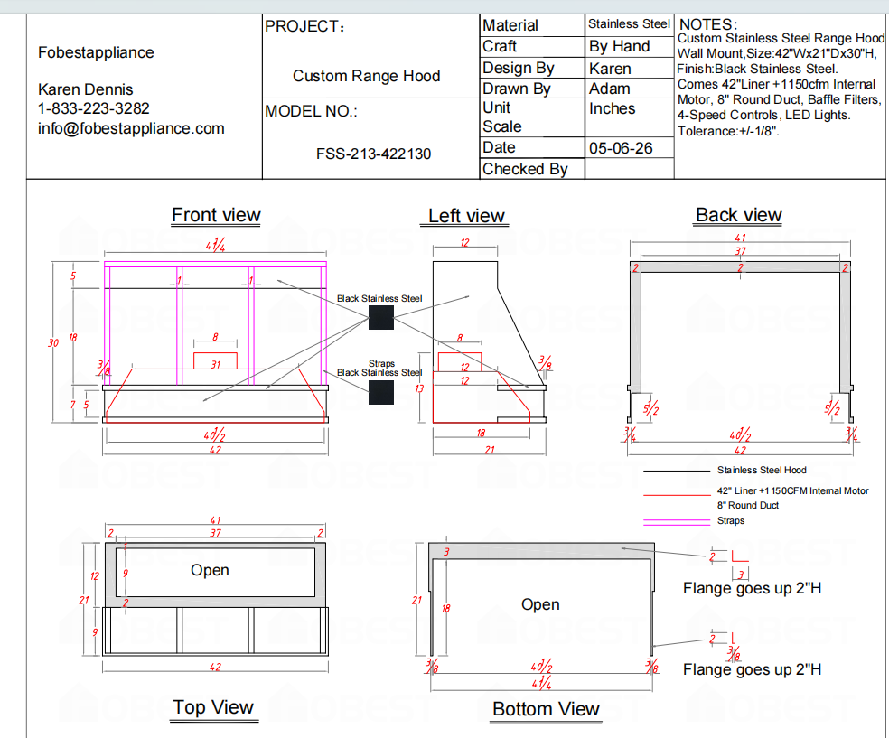 Subject: Fobest Custom Metal Range Hood FSS-213 – 50% Deposit Custom Order Link for Taylor