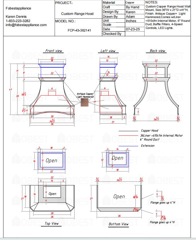 Fobest Custom Range Hood - Custom Link for Diane