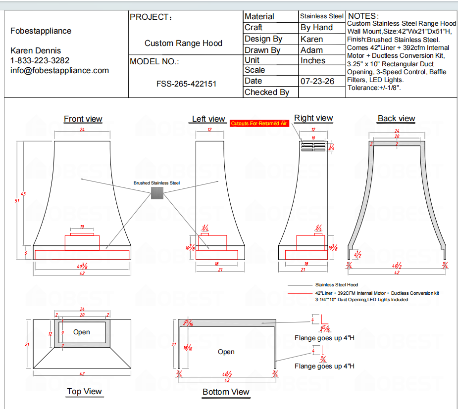 Fobest Custom Range Hood-FSS-265 Stainless Steel Metal Range Hood Custom Link for Katie