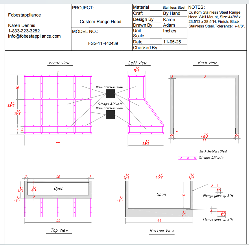 Fobest Custom Metal Range Hood - Canada Custom Order Link for Joanie Lefebvre