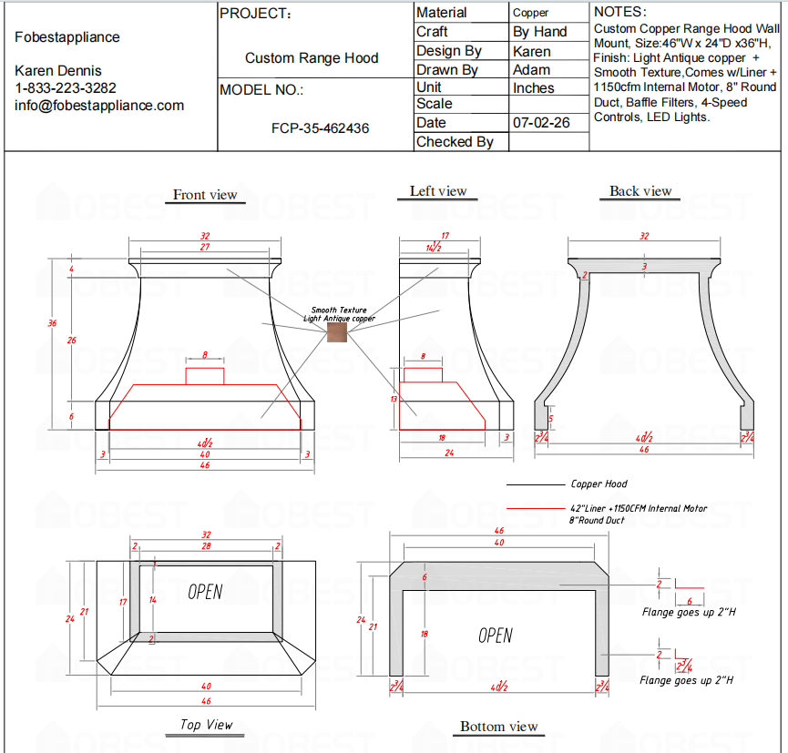 Fobest Custom Range Hood-FCP-35 Copper Metal Range Hood Custom Link for Trevor