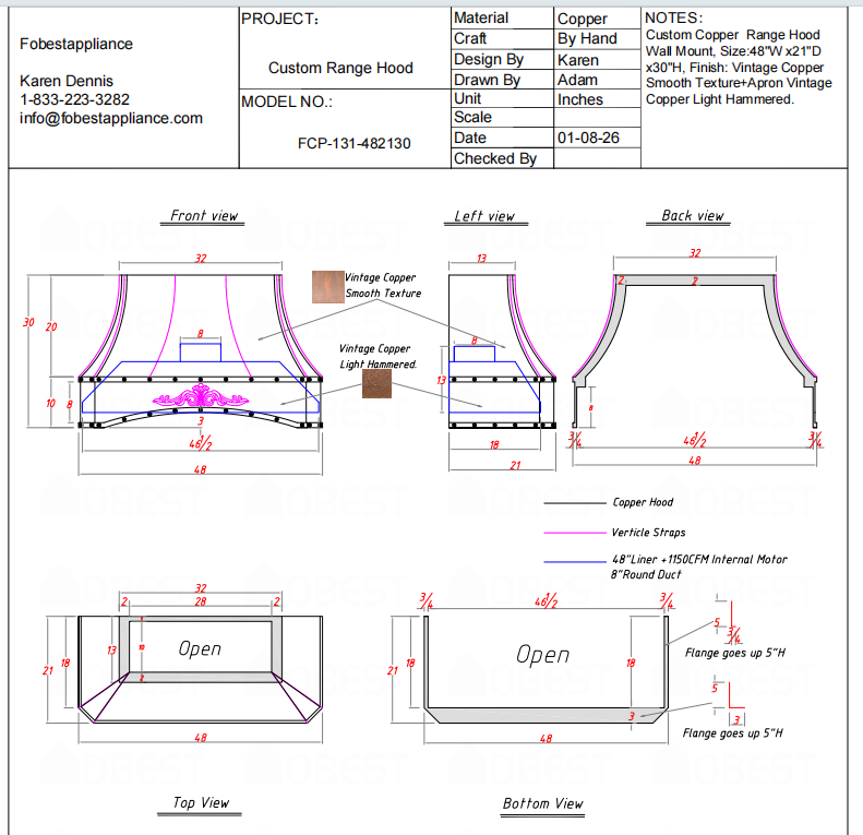 FOBEST Custom Range Hood- FCP-131 Custom Link for Steven