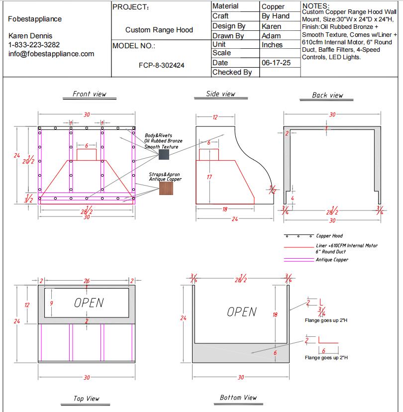Fobest Custom Range Hood - Custom Link for Chaz