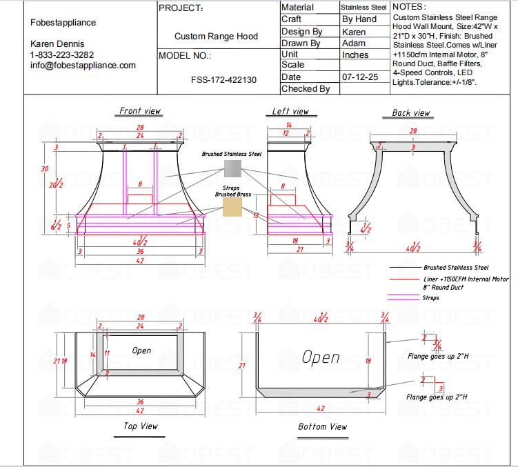 Fobest Custom Range Hood FSS-172 -50% Deposit Custom Link for Christina Loughran