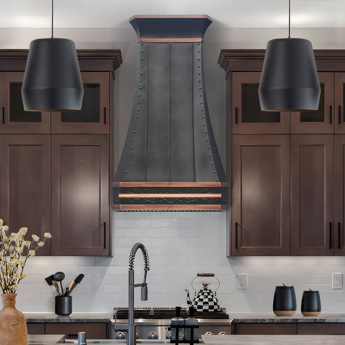 FOBEST Custom Oil Rubbed Bronze Range Hood with Antique Copper Accents FCP-351