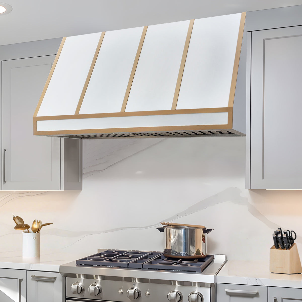 FOBEST Custom Tapered White Range Hood with Brushed Brass Straps FSS-602