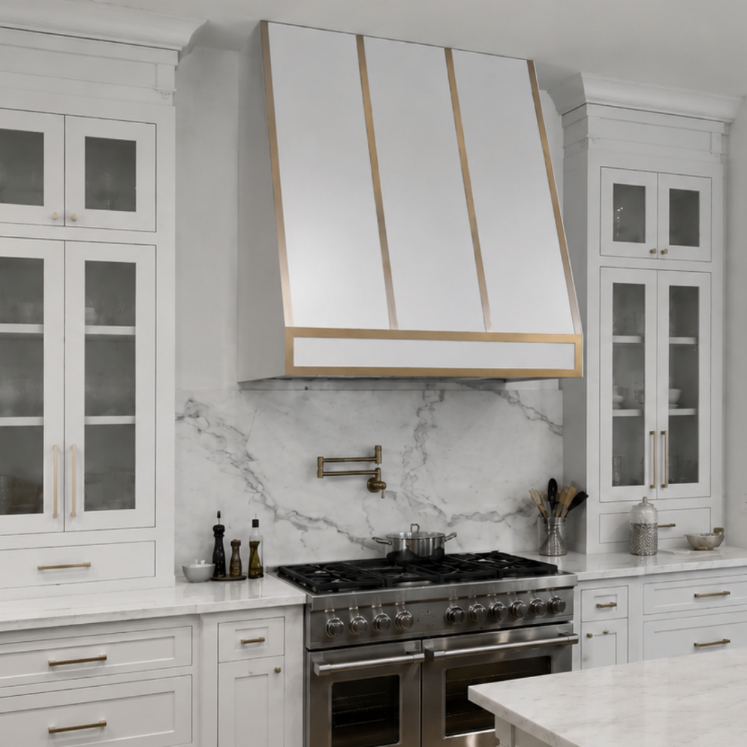 FOBEST Custom Tapered White Range Hood with Brushed Brass Straps FSS-602