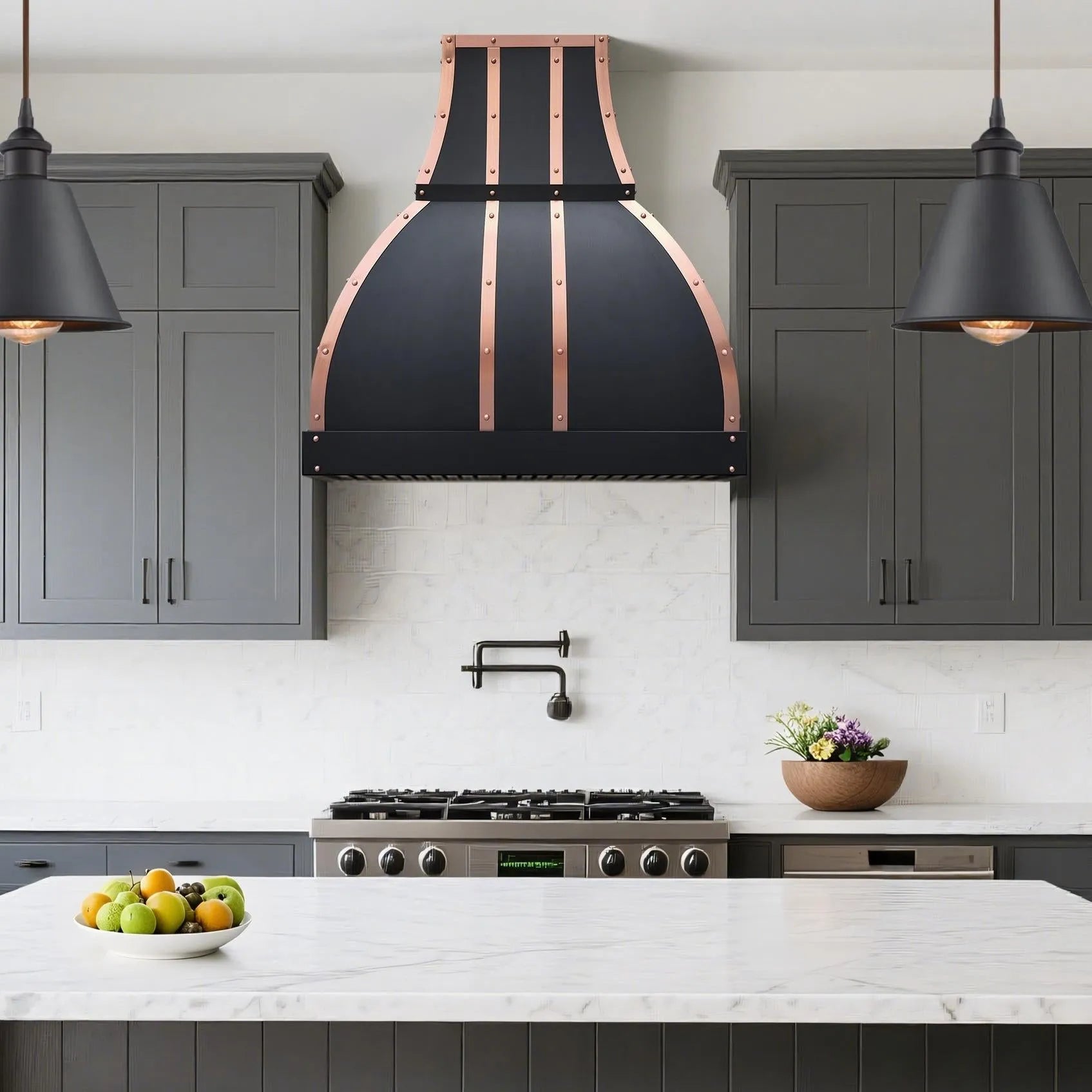 Fobest Black Exhaust Hood with Copper Straps FSS-367-Stainless Steel Range Hood-Fobest