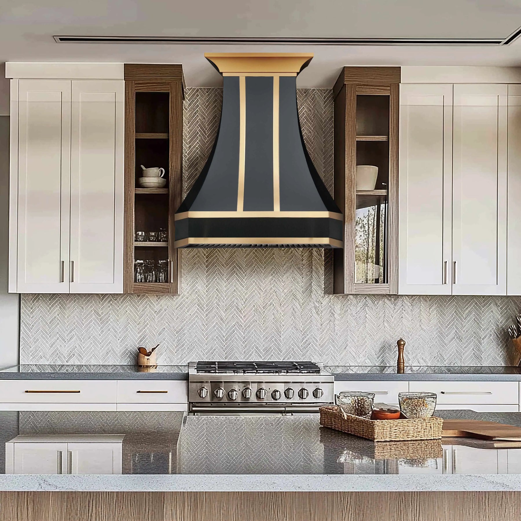 Fobest Black Vent Hood with Brass Trim and Pot Rail FSS-200-Stainless Steel Range Hood-Fobest
