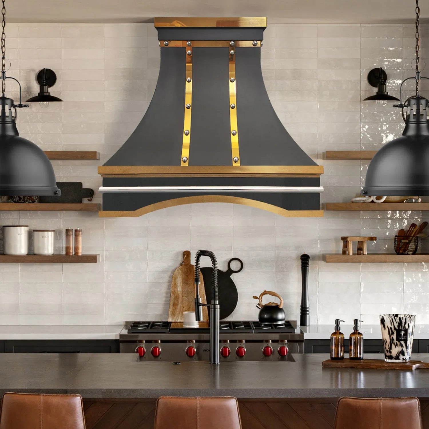 Fobest Black Vent Hood with Polished Brass Straps and Pot Rail FSS-416-Stainless Steel Range Hood-Fobest
