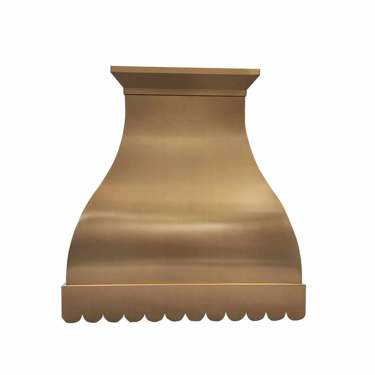 A brass range hood with a scalloped bottom design, featuring a solid color with a glossy finish.