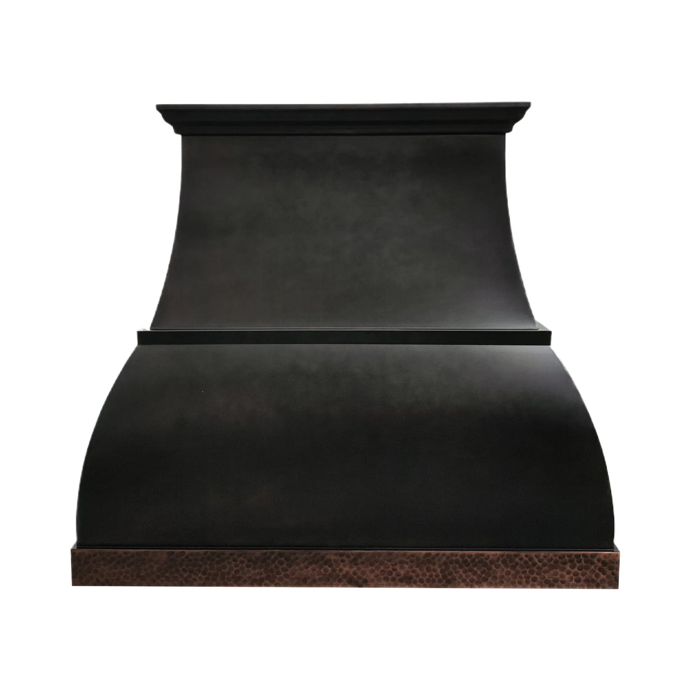 A bronze copper kitchen hood with an antique apron.