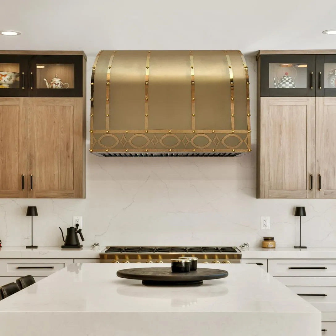 Fobest Brushed Brass Range Hood with Polished Brass Straps FSS-324-Stainless Steel Range Hood-Fobest