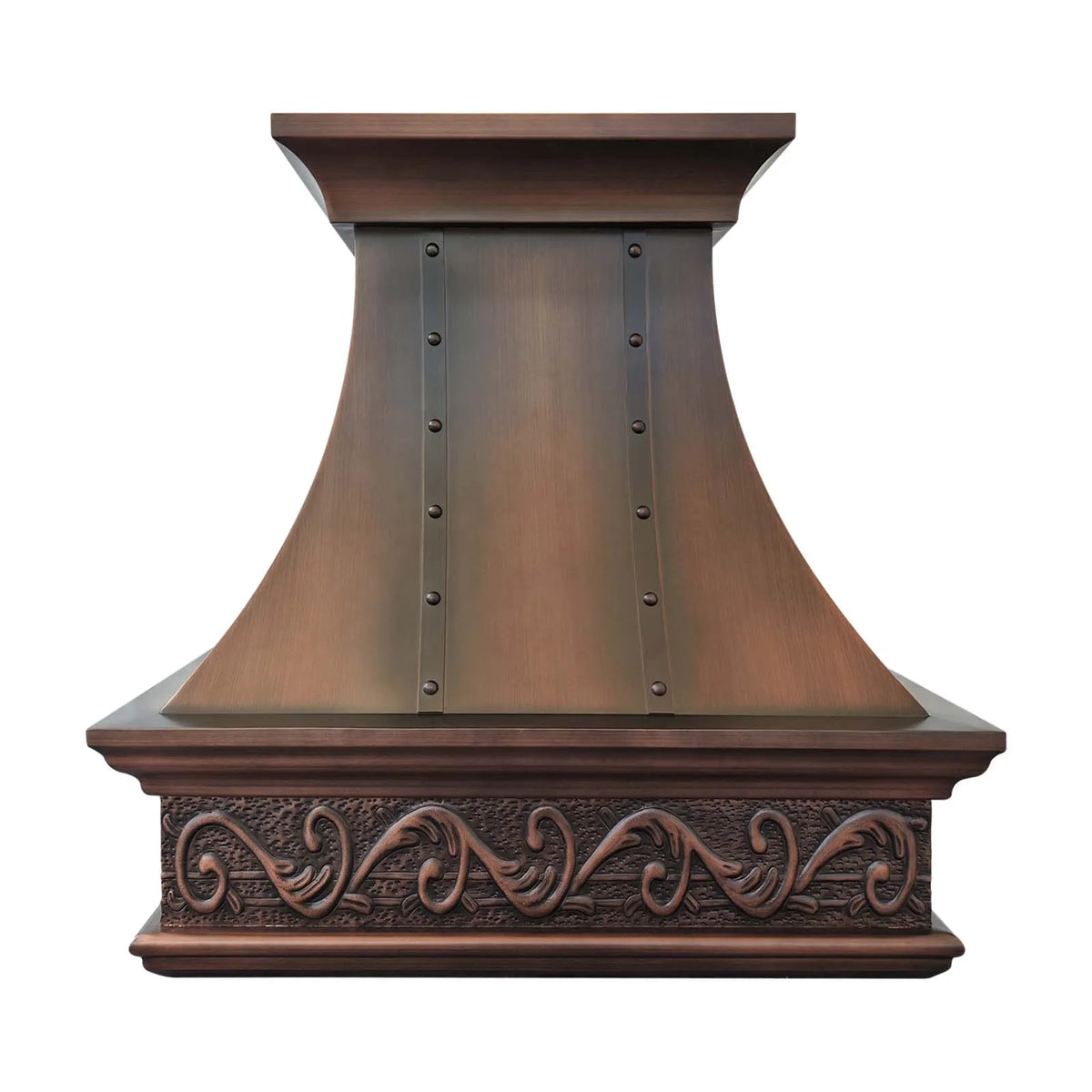 Decorative handmade copper range hood with intricate designs