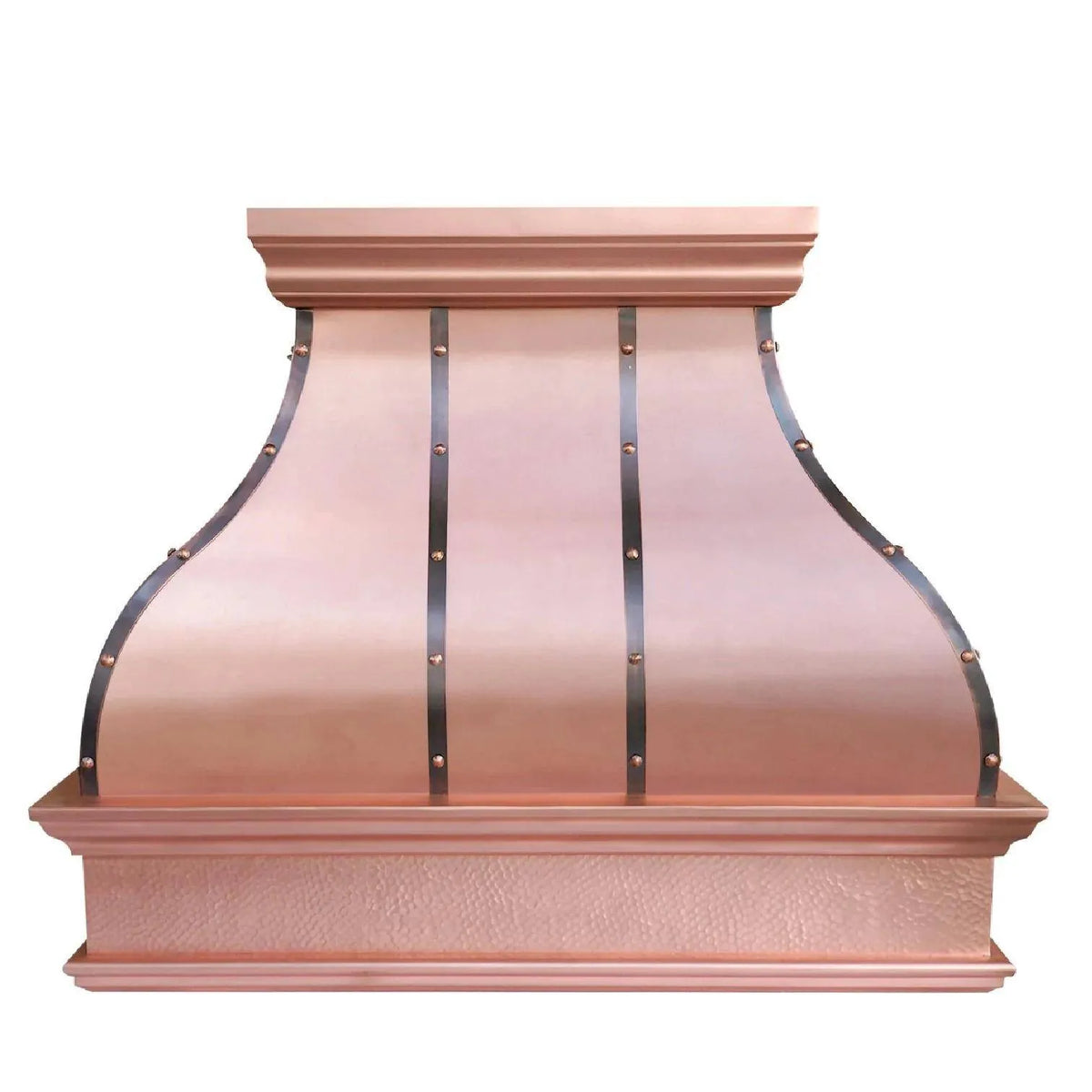 A handcrafted Fobest copper range hood with a bell shape, featuring rivets and a smooth body finish.