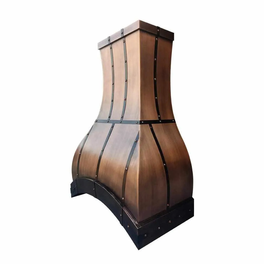 Antique copper range hood with a bottom arch shape, featuring square rivets and a smooth copper finish.