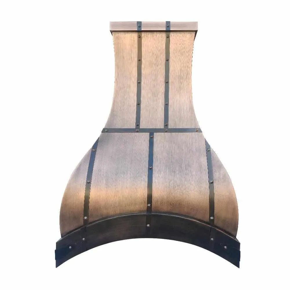 Antique copper range hood with a bottom arch shape, featuring rivets and a smooth copper finish.