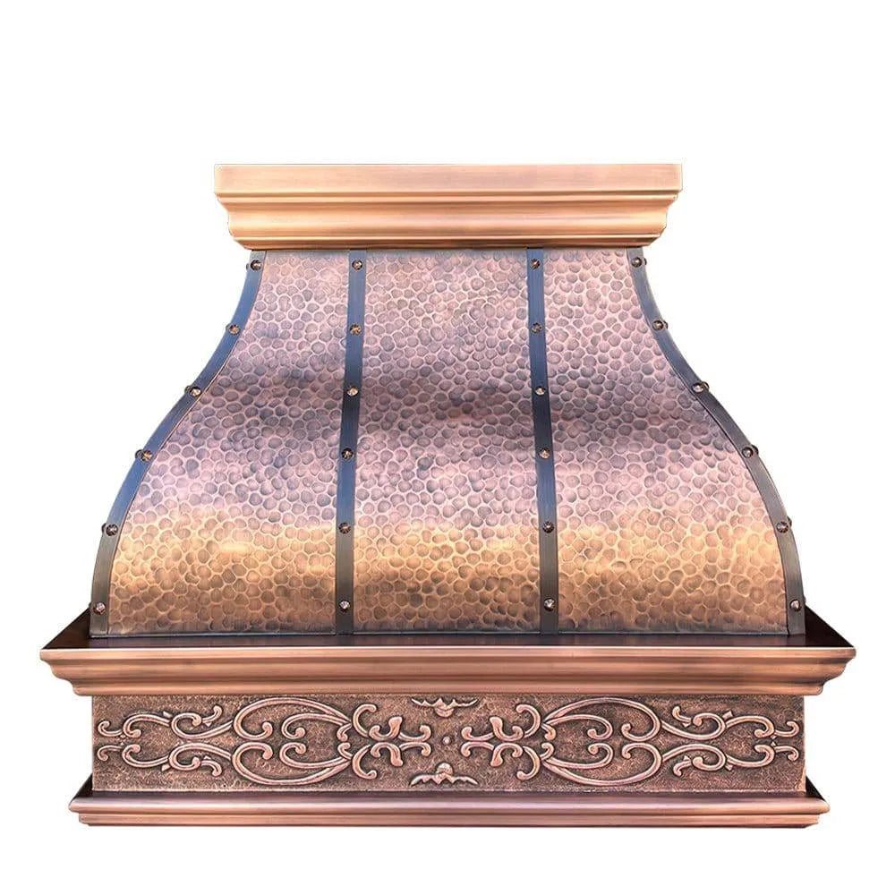Antique copper range hood with a bell shape and straps, featuring an hand curved apron design