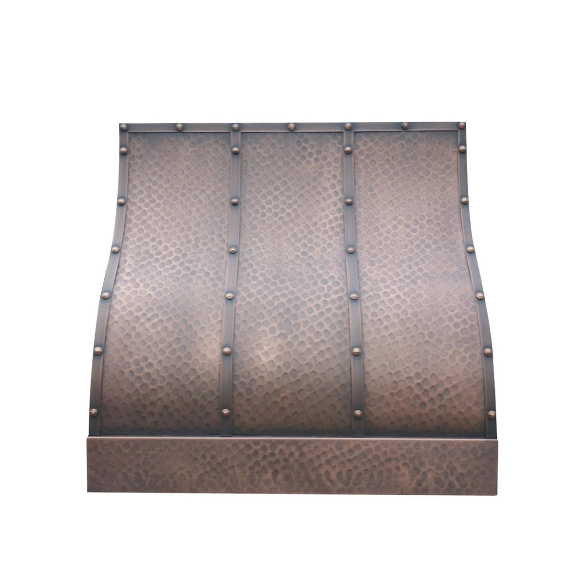 Antique bronze copper range hood with a barrel shape design, featuring straps and rivets.