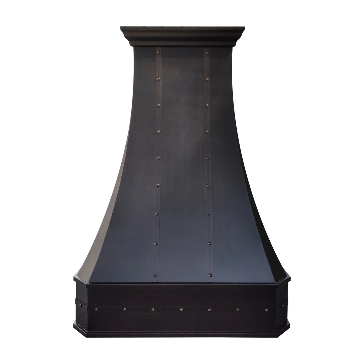 Dark metal range hood on a white background