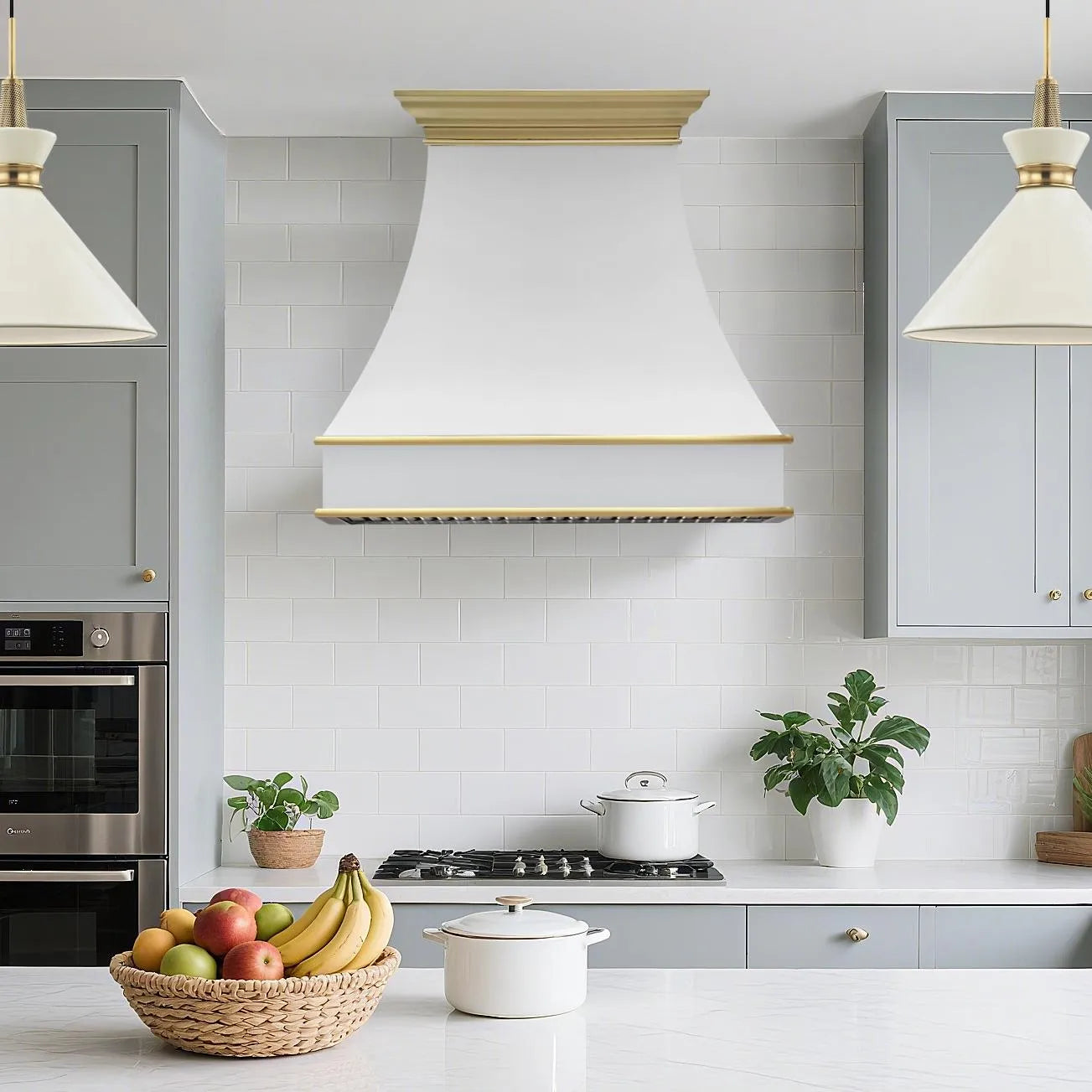 Fobest Curved White Stainless Steel Range Hood with Brass Crown and Trim FSS-378-Stainless Steel Range Hood-Fobest