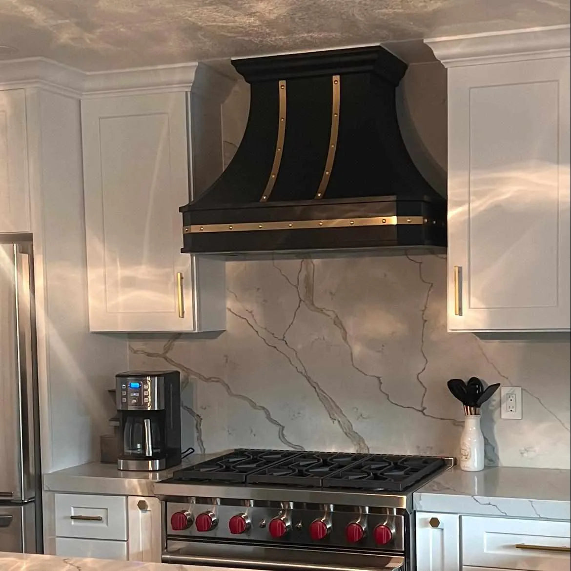 Fobest Custom Black Stainless Steel Kitchen Hood with Polished Brass Straps FSS-172-Stainless Steel Range Hood-Fobest