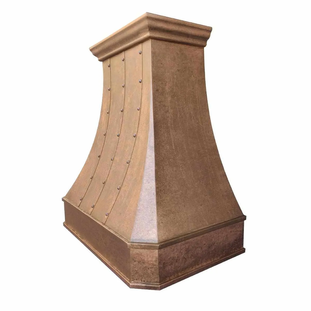 Custom vintage copper range hood with rivet details and a smooth finish,hammered texture apron design
