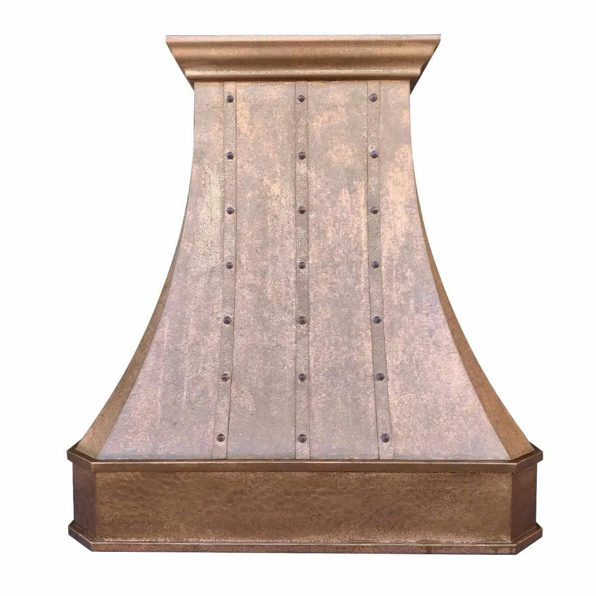 Custom vintage copper range hood with rivet details and a smooth finish.