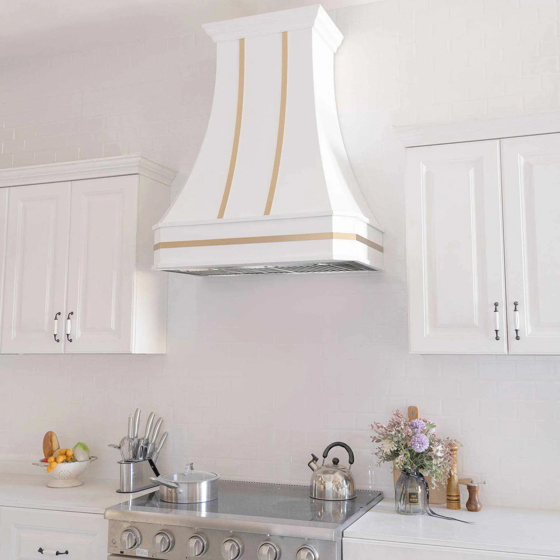 Fobest Custom White Range Hood with Brass Straps FSS-100-Stainless Steel Range Hood-Fobest