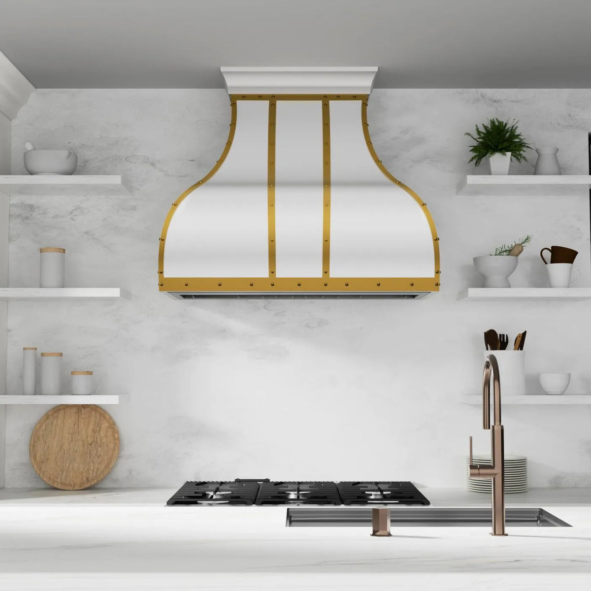 Fobest Custom White Range Hood with Brass Trims FSS-161-Stainless Steel Range Hood-Fobest