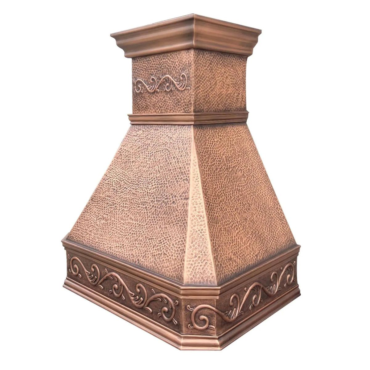Handcrafted natural copper vent hood featuring hammered surface, aged patina, and vintage-inspired crown and apron detailing