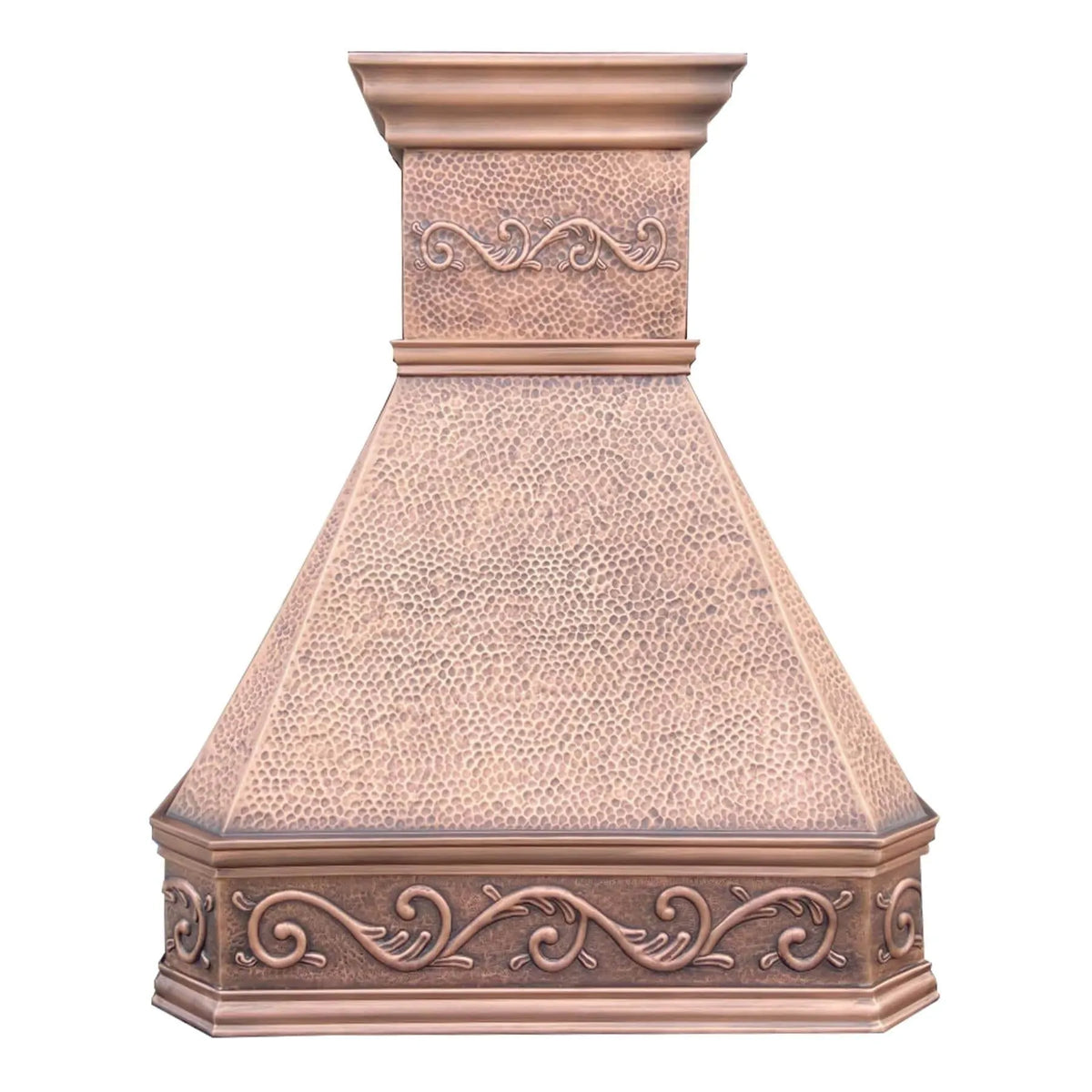 Handcrafted natural copper vent hood featuring hammered surface, aged patina, and vintage-inspired crown and apron detailing