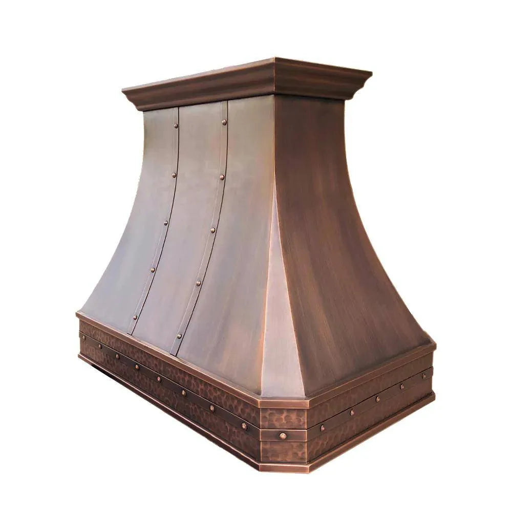 Rustic Antique copper range hood with a curved design, featuring two copper straps with rivets and a smooth finish.