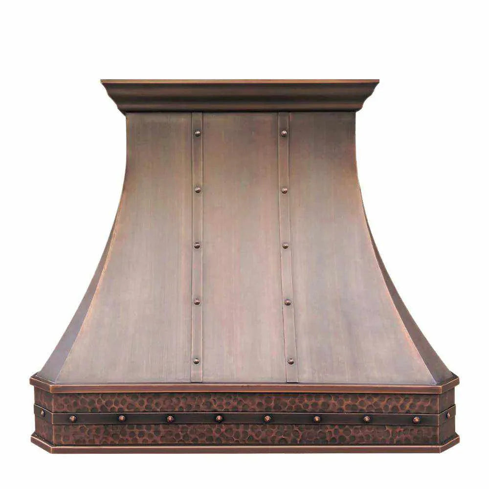 Antique copper range hood with a curved design, featuring two copper straps with rivets and a smooth finish.