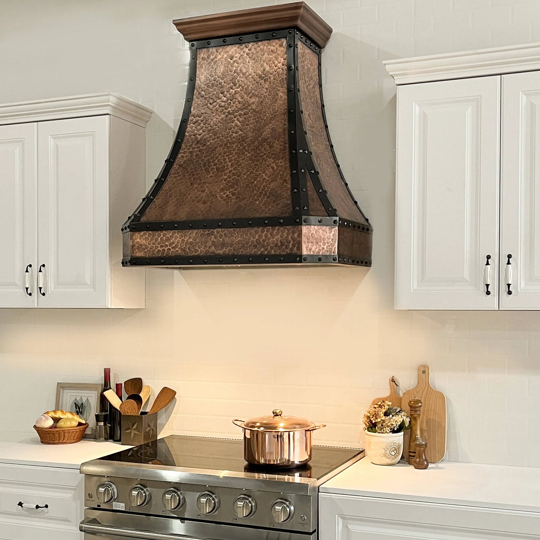 Fobest Hammered Copper Kitchen Hood with black strapping and rivet FCP-10-Copper Range Hood-Fobest