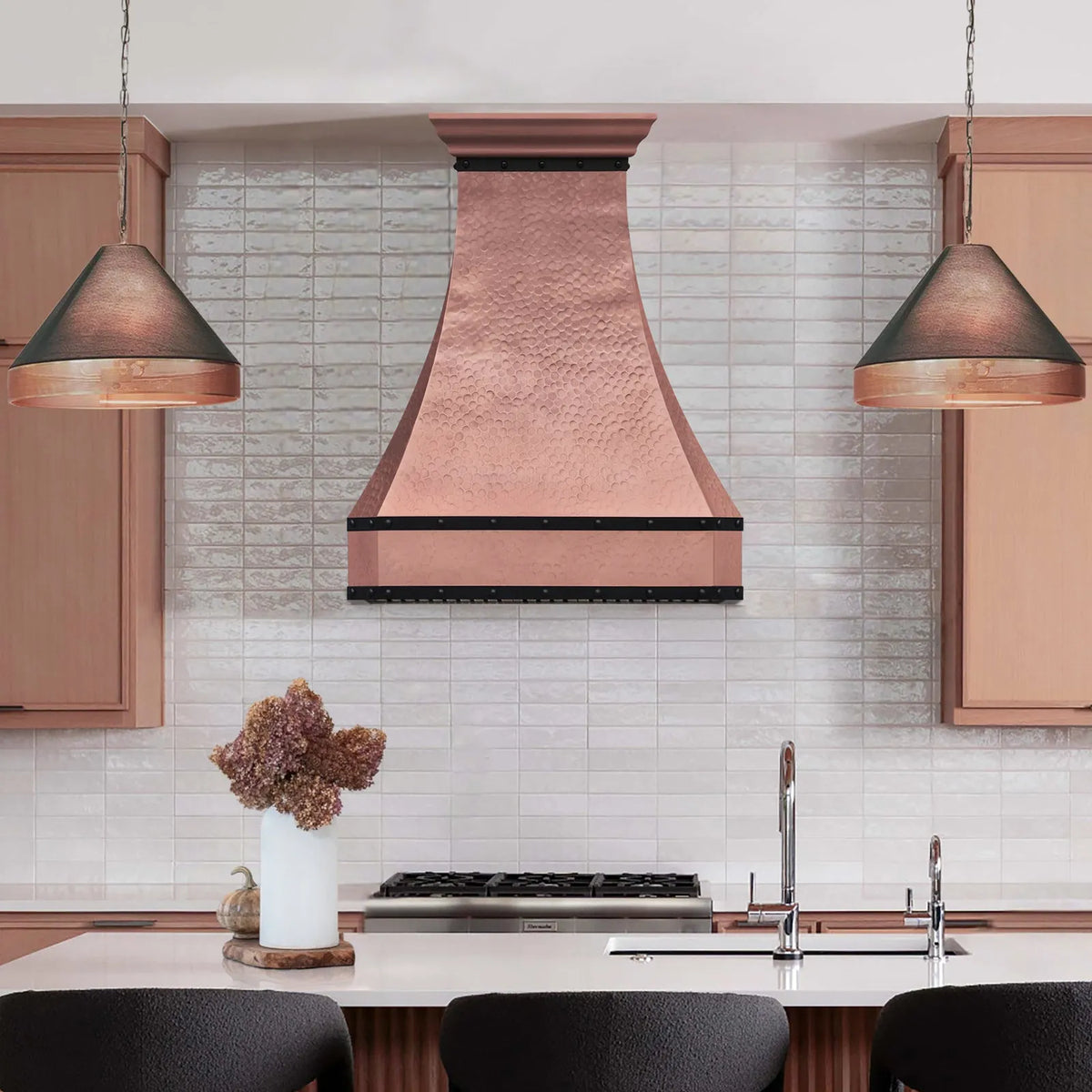 Fobest Hammered Copper Vent Hood with Dark Rivet Bands FCP-293