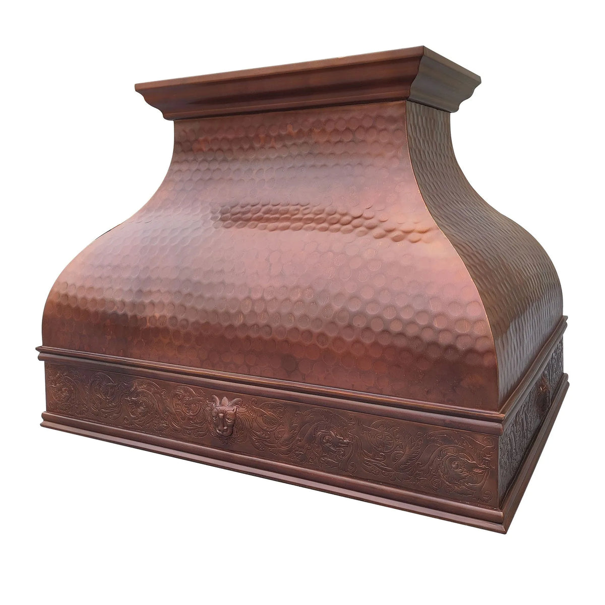 A handcrafted fire copper kitchen hood with hammered texture and curved apron pattern.