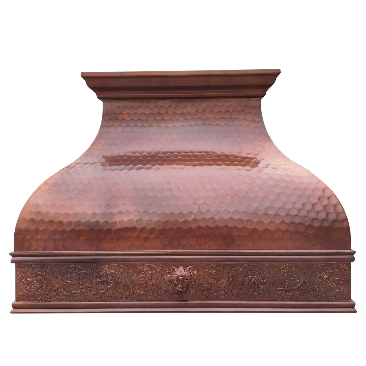 A handcrafted copper range hood with hammered texture and decorative elements