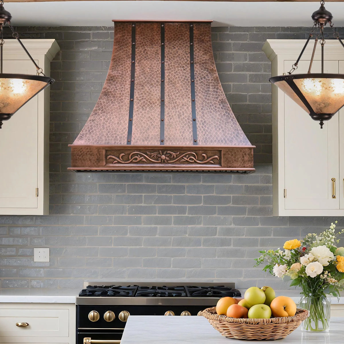 Fobest Hand Hammered Copper Range Hood with Carved Apron FCP-253-Copper Range Hood-Fobest