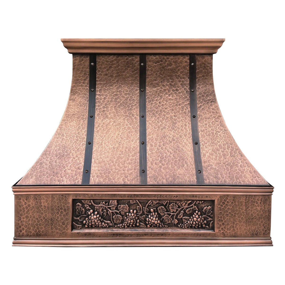 Antique copper range hood with a curved design and dark straps, featuring intricate patterns and beehive hammered texture