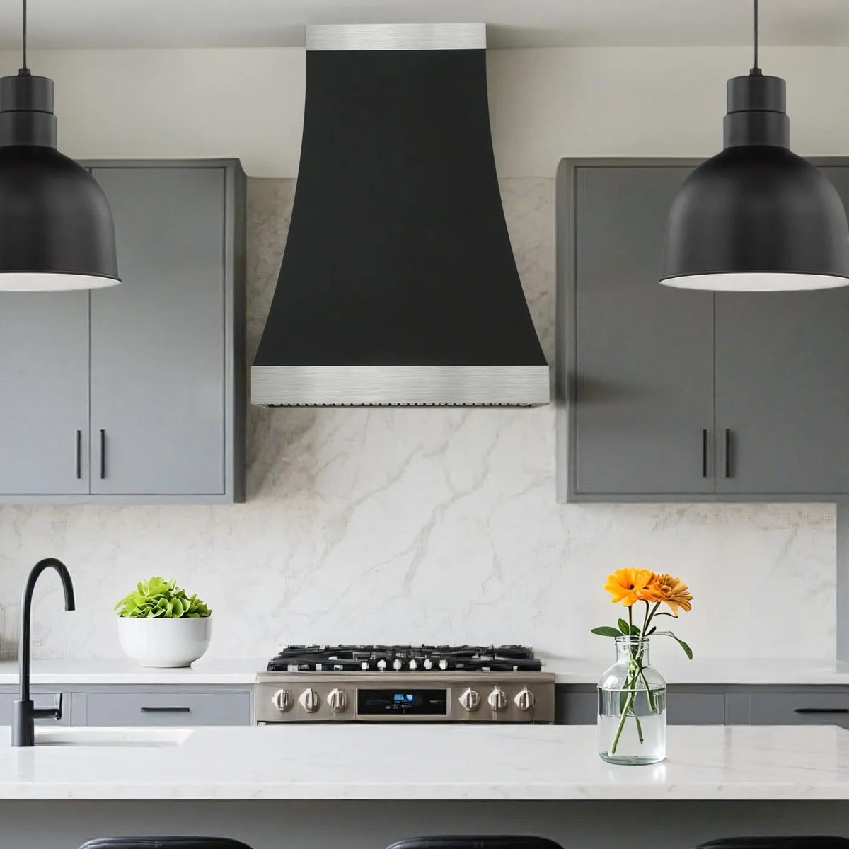 Fobest Kitchen Black Vent Hood with Stainless Bands FSS-372-Stainless Steel Range Hood-Fobest