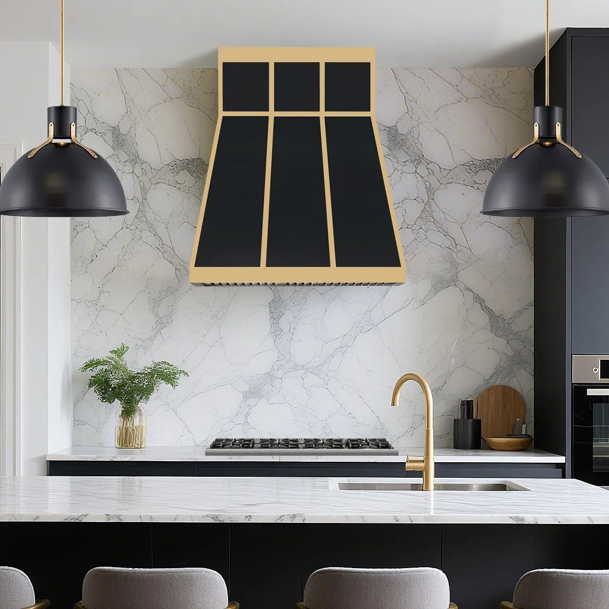 Fobest Modern Black Range Hood with Brass Grid Panel Design FSS-377-Stainless Steel Range Hood-Fobest