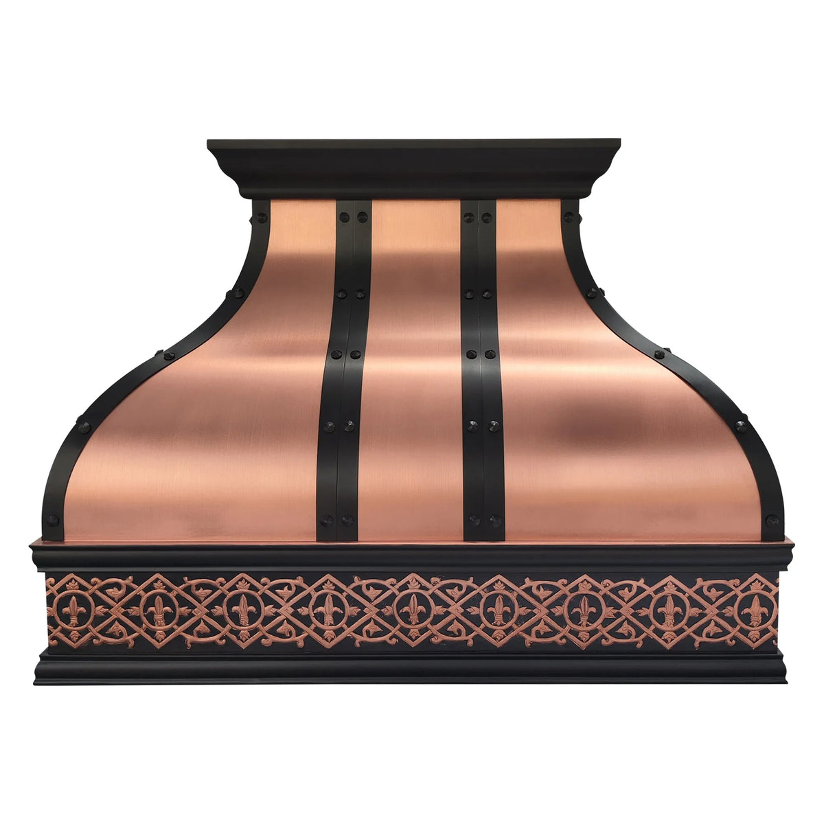 Copper range hood with decorative patterns on a white background